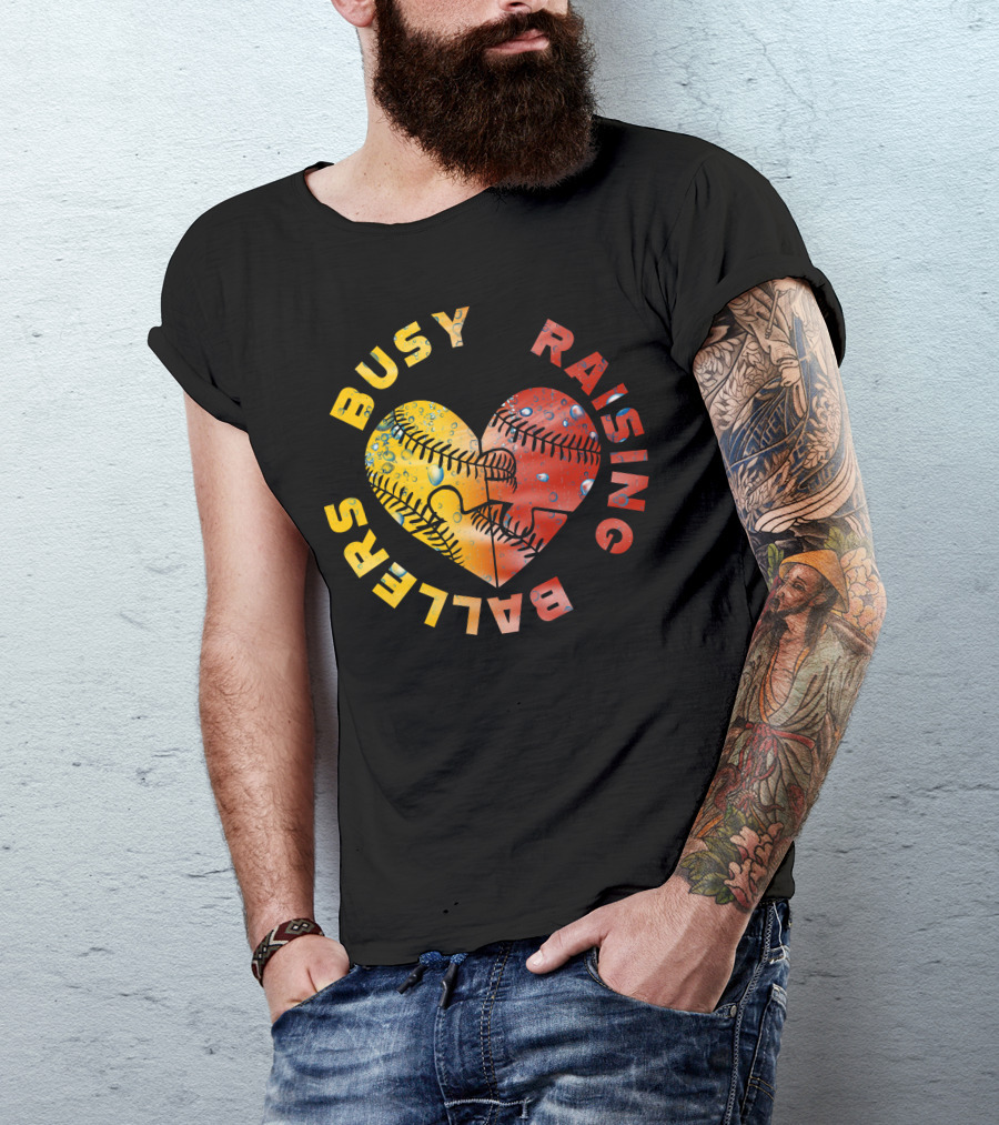 Busy Raising Ballers Puzzle Heart Baseball Softball T-Shirt