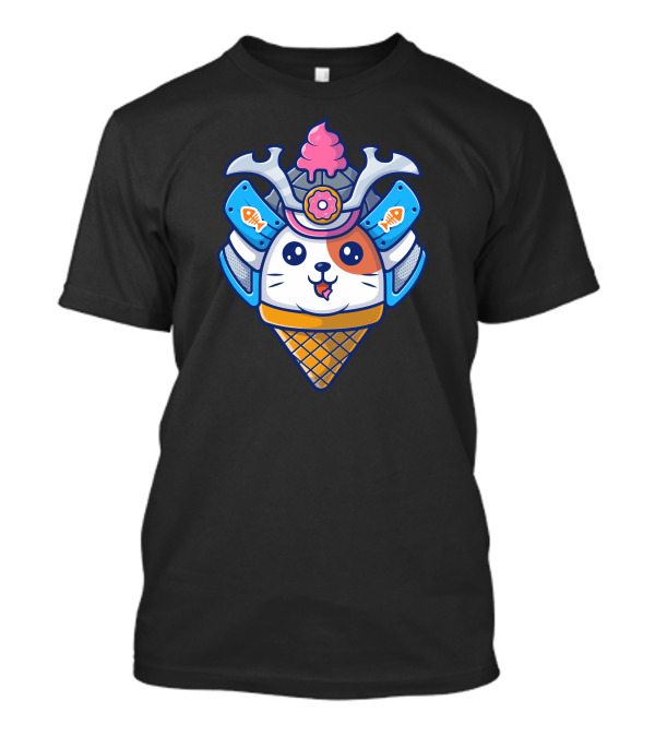 Cat Samurai Ice Cream Cone Helmet Warrior T-Shirt
