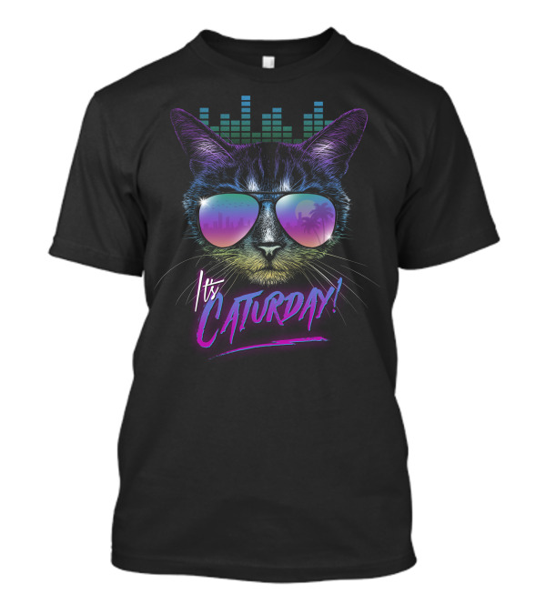 It's Caturday Retro Neon Cat With Sunglasses And City Skyline T-Shirt