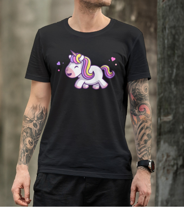 Cute Unicorn Walking With Colorful Mane And Hearts T-Shirt