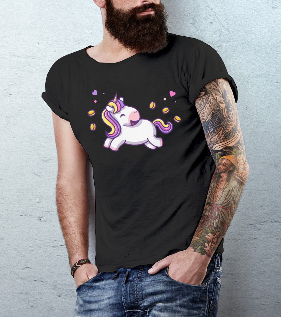 Joyful Unicorn Surrounded By Sparkling Coins And Hearts T-Shirt