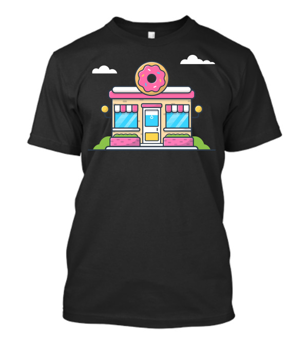 Donut Shop Cute Cartoon Bakery With Pink Icing Donut And Striped Awnings T-Shirt