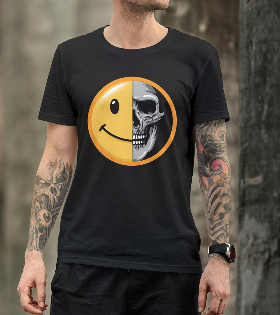 Emoticon Smile Half Skull Face T-Shirt