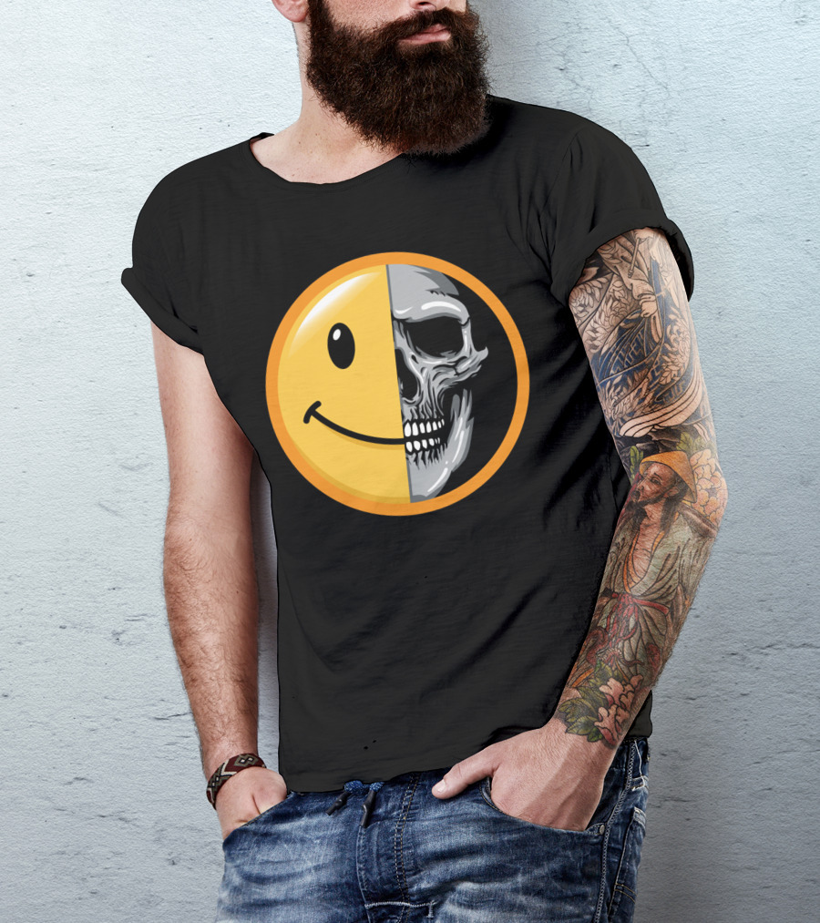Emoticon Smile Half Skull Face T-Shirt