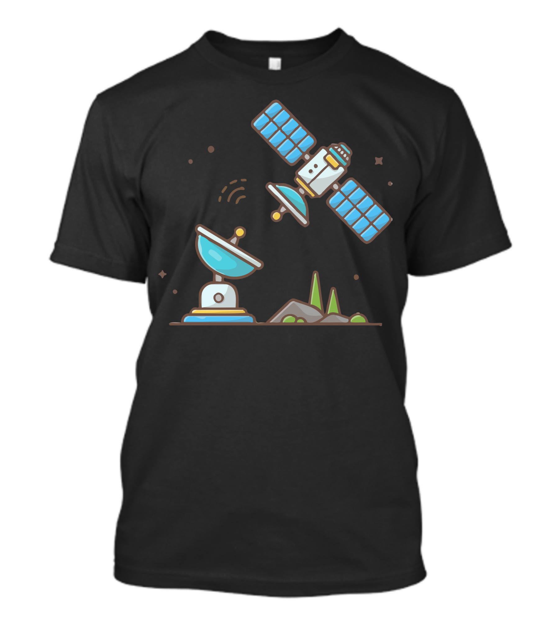Flying Satellite With Communication Antenna And Space Elements T-Shirt