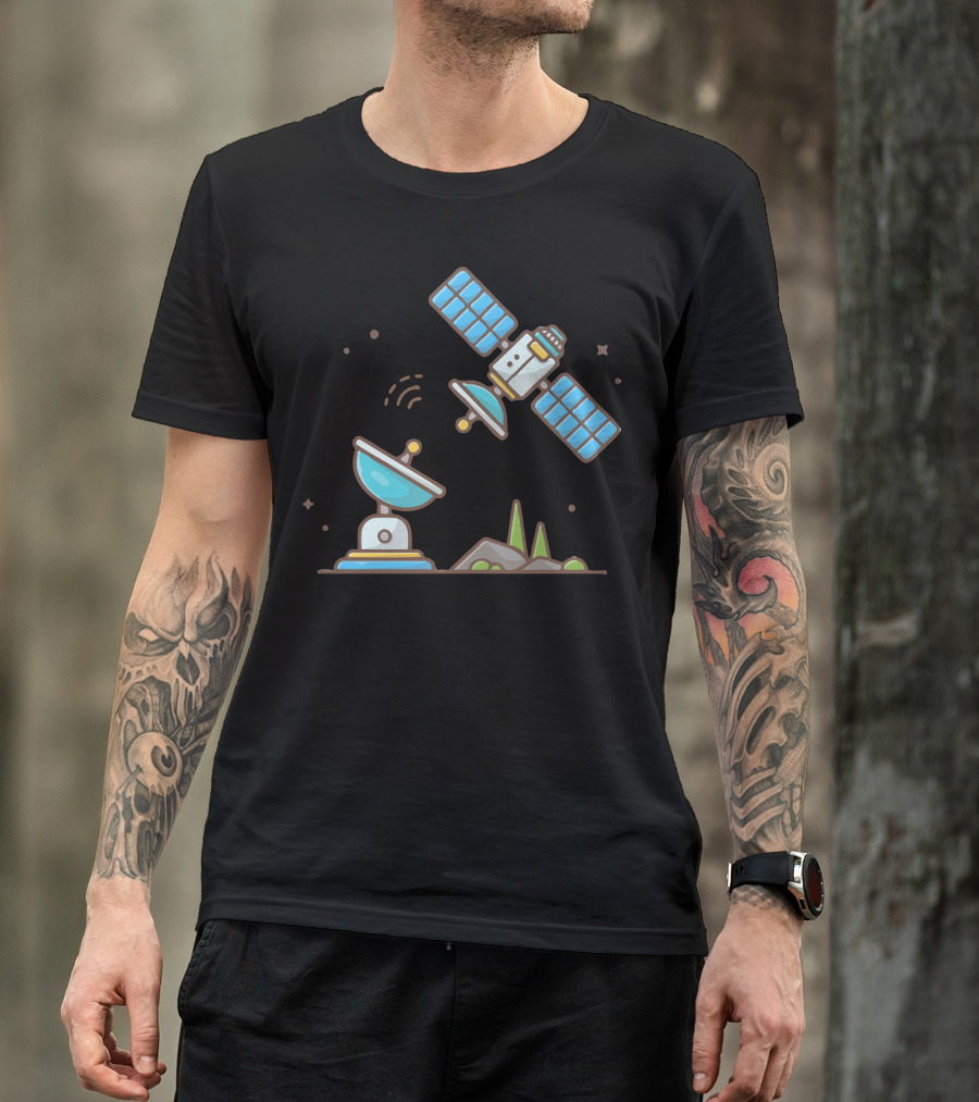 Flying Satellite With Communication Antenna And Space Elements T-Shirt