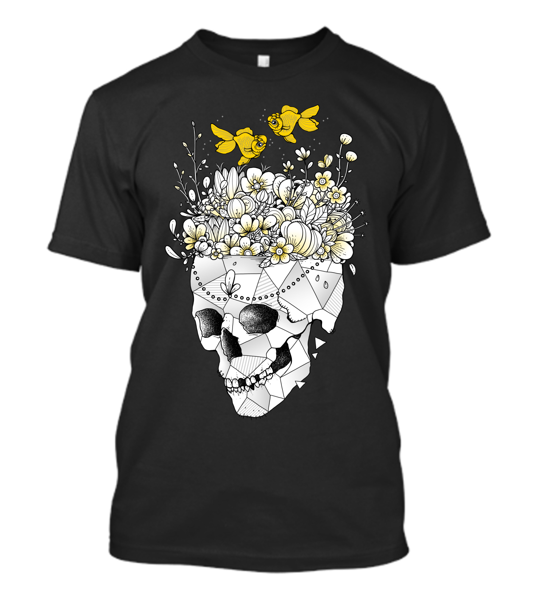 Skull With Floral Crown And Playful Yellow Fish T-Shirt