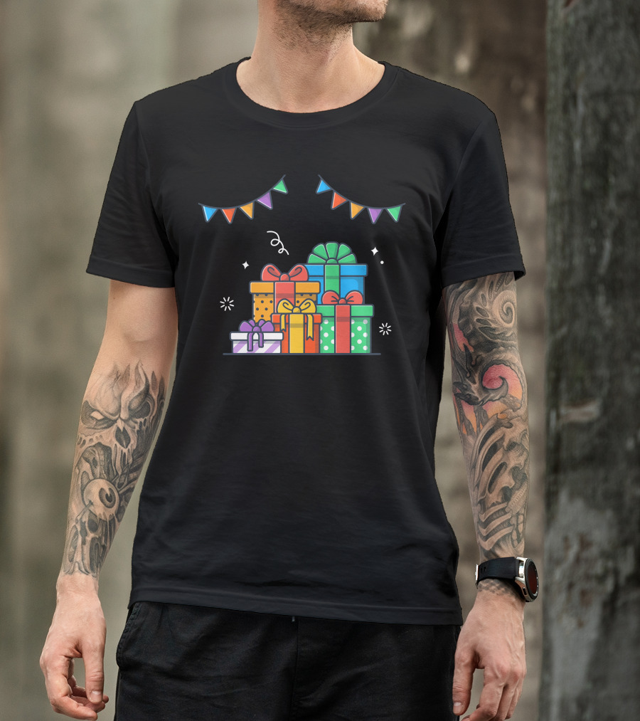 Colorful Gift Boxes Celebration With Bunting Flags T-Shirt