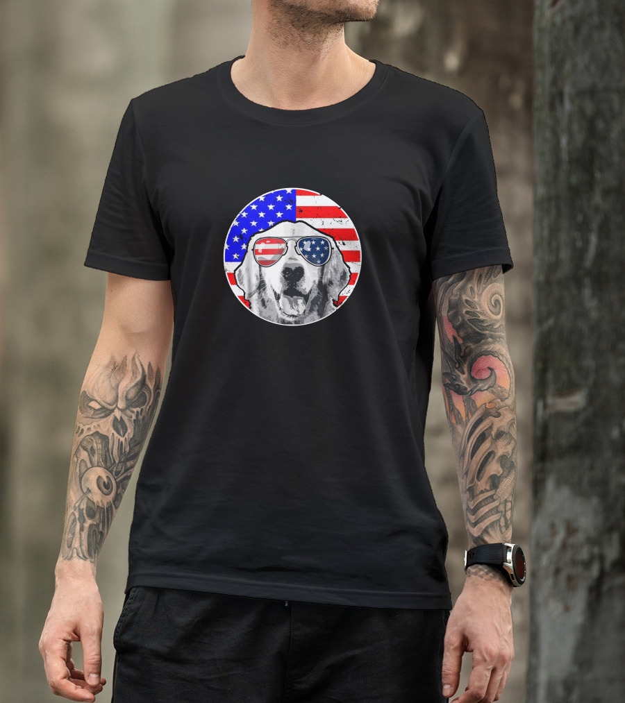 Golden Retriever With American Flag Sunglasses Patriotic Circle T-Shirt