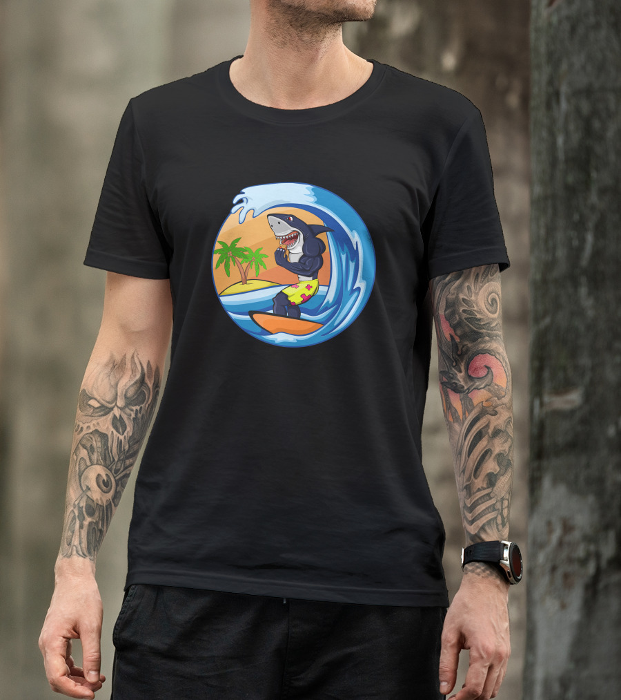 Hiu Surfing Shark Riding Wave Tropical Palm Island T-Shirt