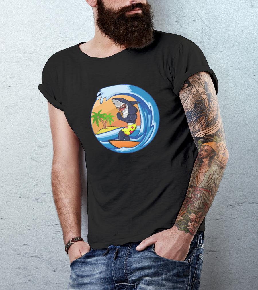 Hiu Surfing Shark Riding Wave Tropical Palm Island T-Shirt