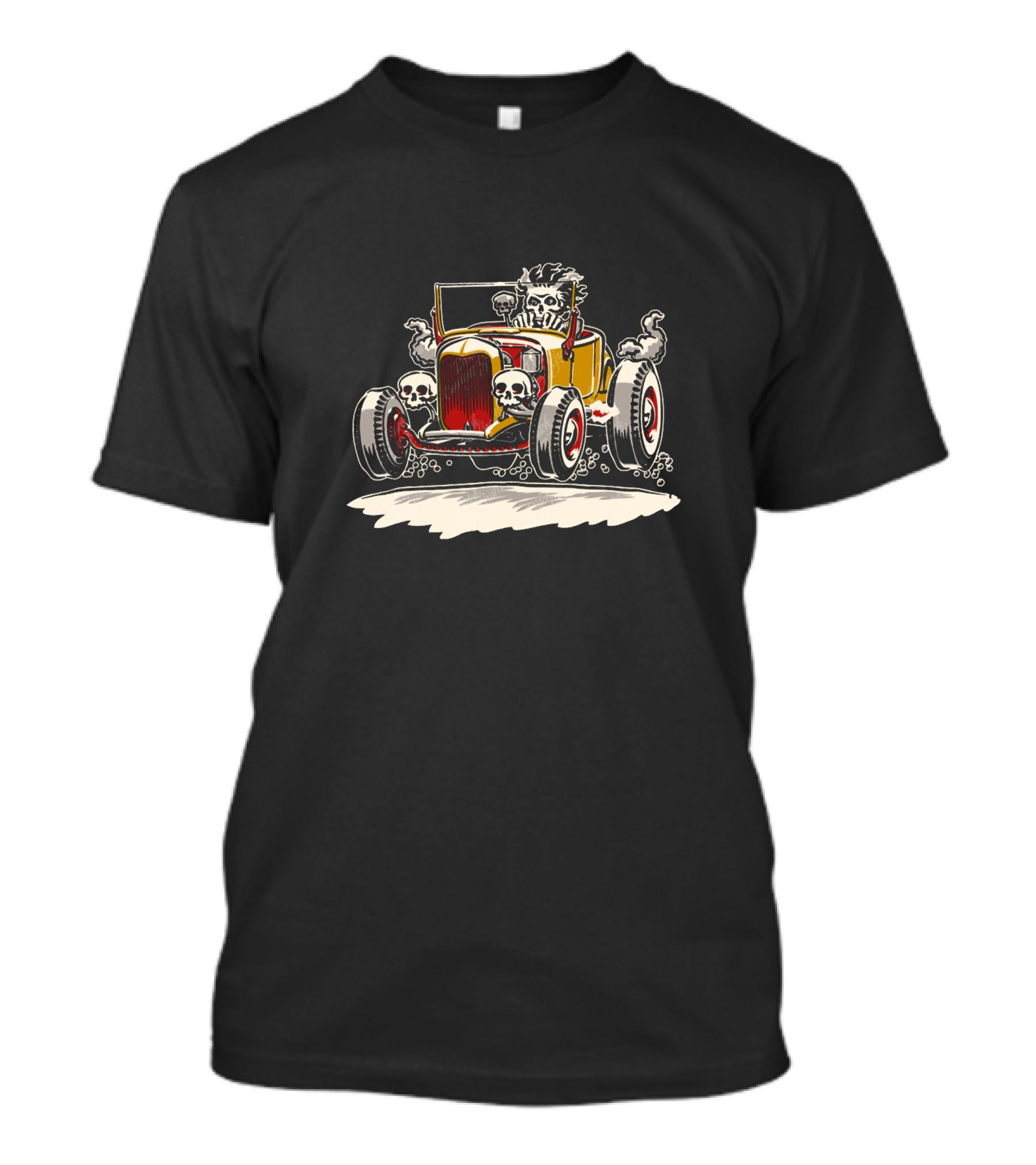 Hot Rod Roadster Zombie Cartoon Skull Driver Racing Scene T-Shirt