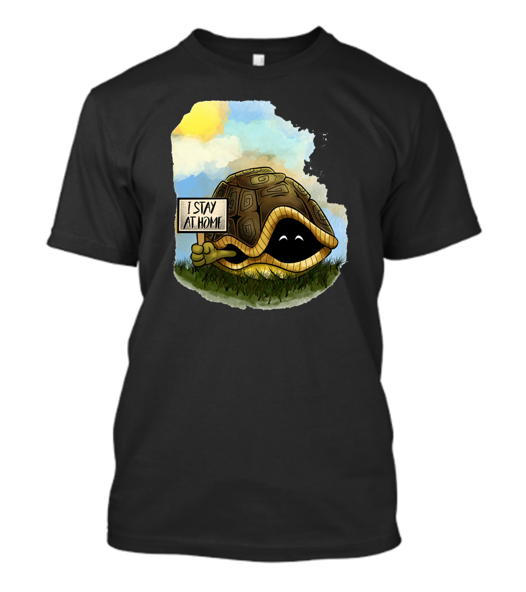 Turtle With Sign Saying I Stay At Home Under Bright Sky T-Shirt