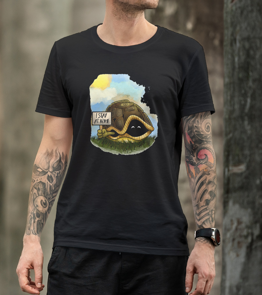 Turtle With Sign Saying I Stay At Home Under Bright Sky T-Shirt