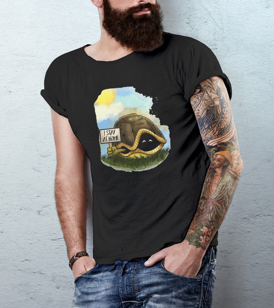 Turtle With Sign Saying I Stay At Home Under Bright Sky T-Shirt