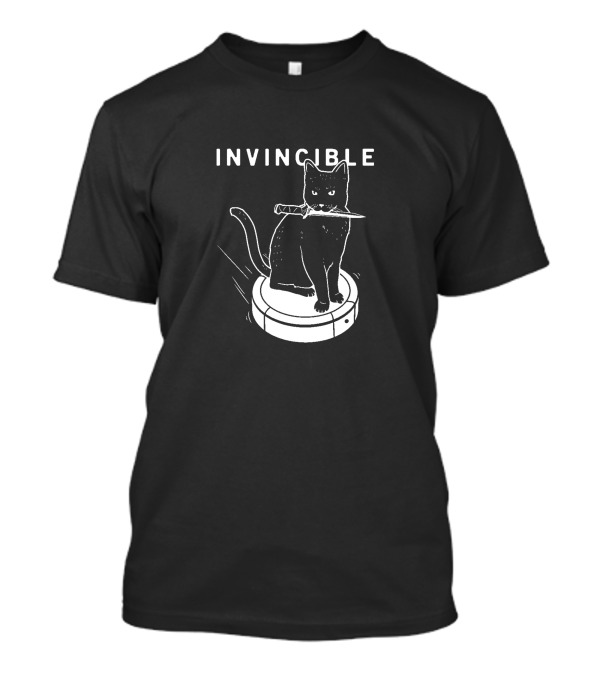 Invincible Cat Balancing On Roomba With Knife In Mouth T-Shirt