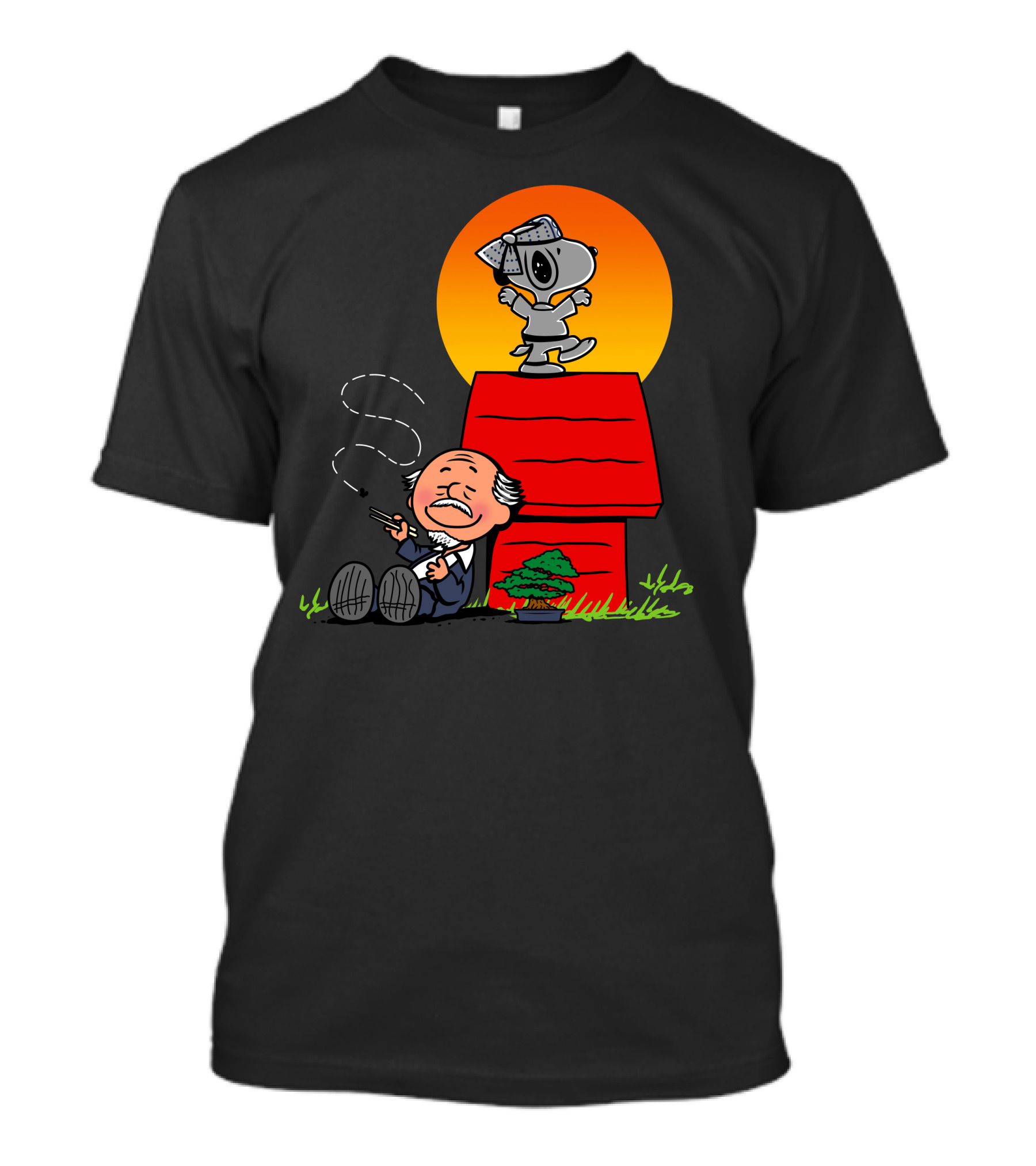 Karate Snoopy Dojo With Sensei And Bonsai Resting Under Sunset T-Shirt