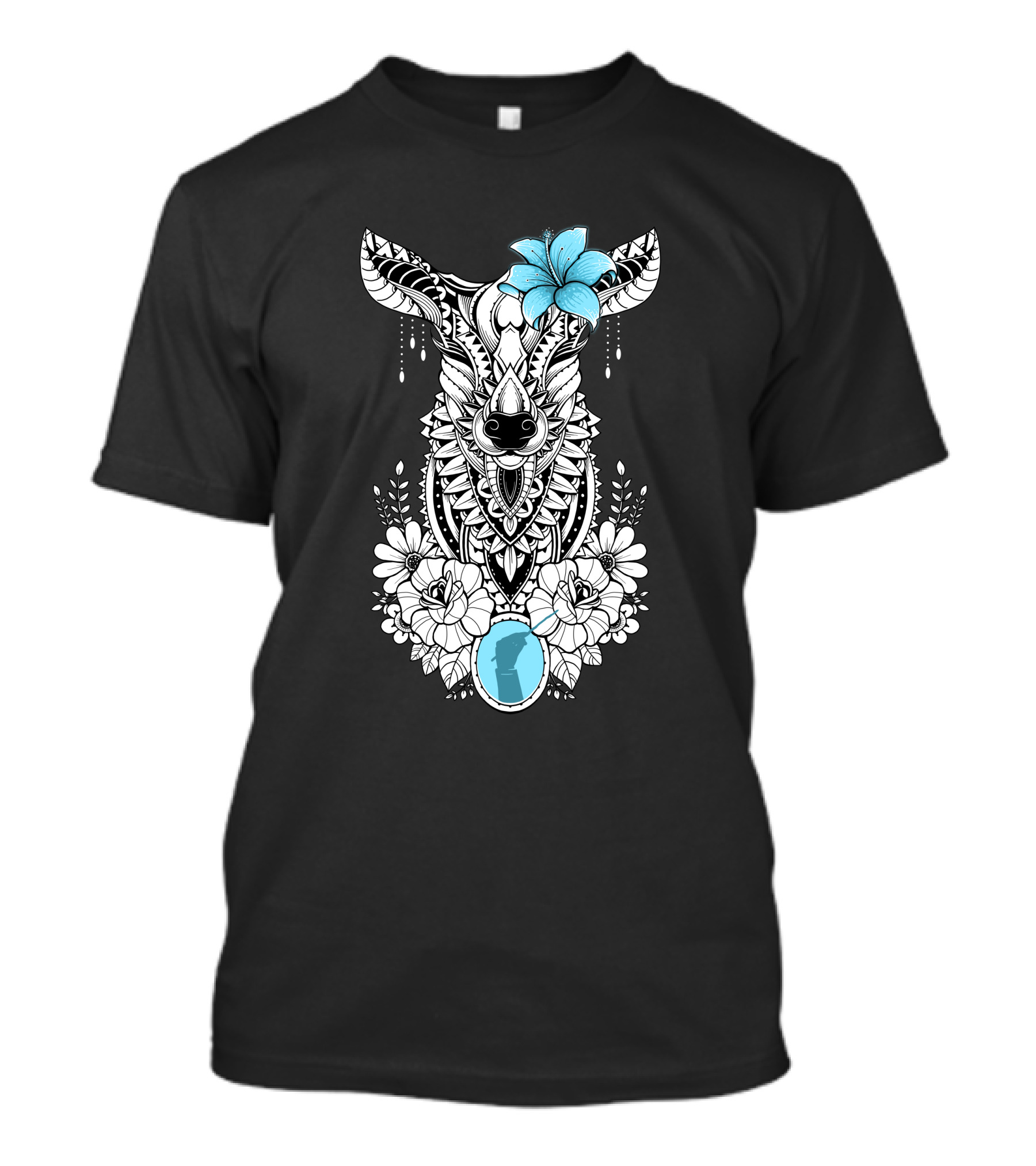 Lily Mandala Floral Elephant Art With Blue Accents T-Shirt