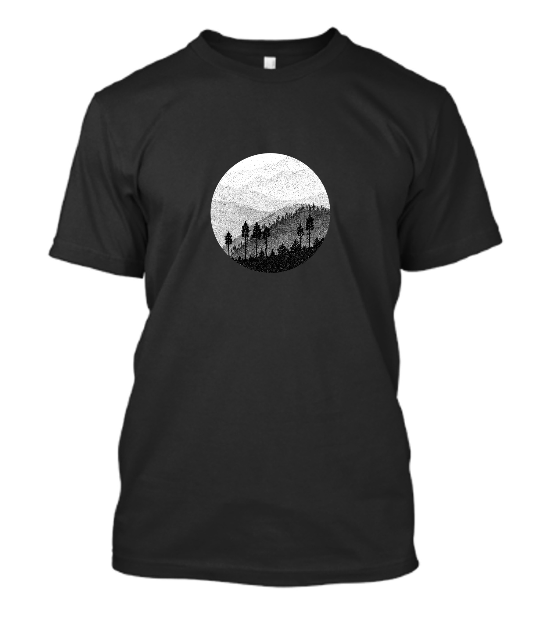 Mountain Landscape Trees And Fog With Silhouetted Forest In Circular Frame T-Shirt