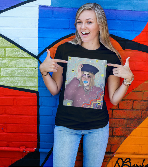 MrsHappiness Blue Hat Pink Sweater Smiley Faces T-Shirt