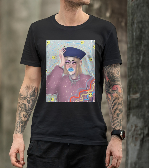 MrsHappiness Blue Hat Pink Sweater Smiley Faces T-Shirt