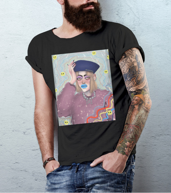 MrsHappiness Blue Hat Pink Sweater Smiley Faces T-Shirt