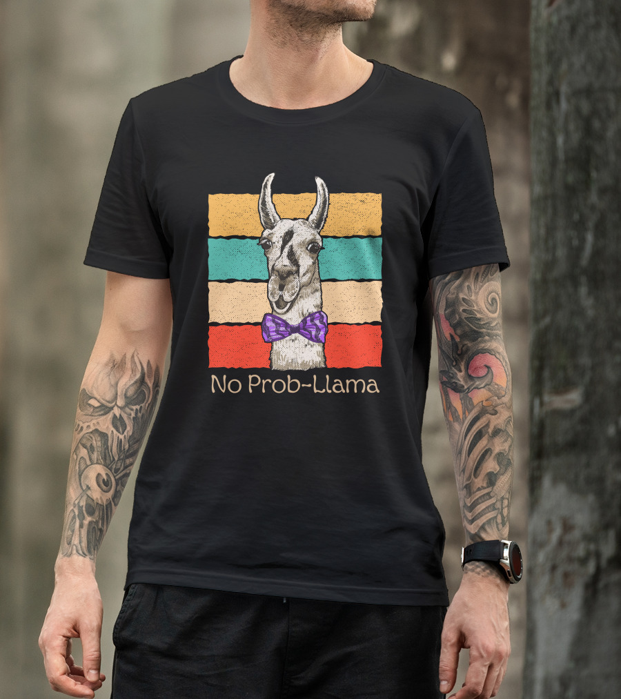 No Prob Llama Retro Vintage Stripes Purple Bow Tie T-Shirt