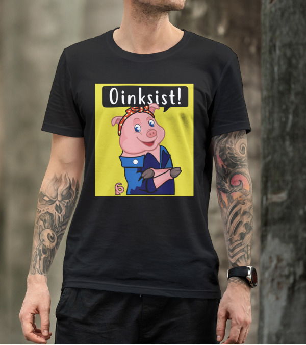 Oinksist Pig Resist Rosie The Riveter Inspired Pig In Blue Jumpsuit With Red Polka Dot Bandana T-Shirt