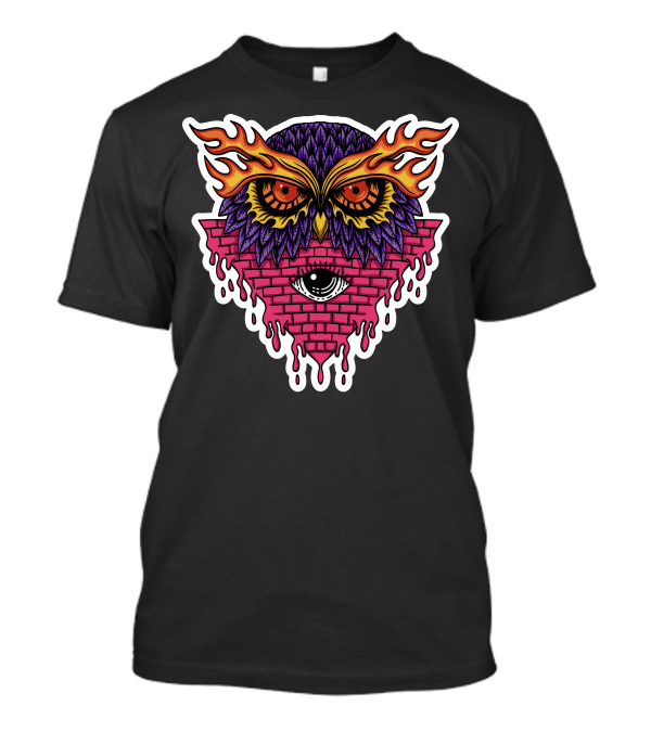 Owl Eyes Flaming Feathers Cosmic Brick Pyramid T-Shirt