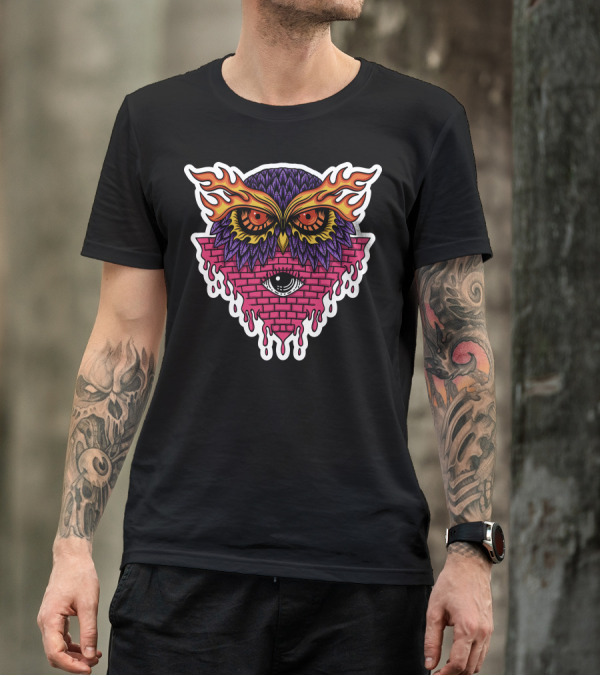 Owl Eyes Flaming Feathers Cosmic Brick Pyramid T-Shirt