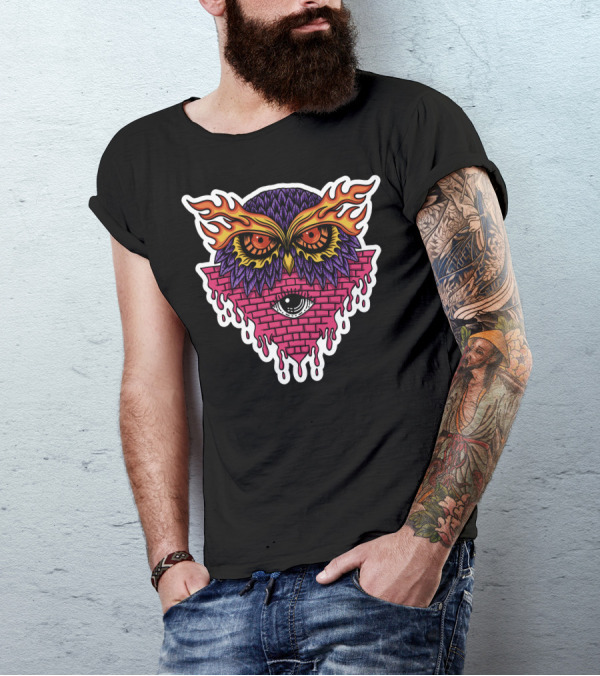 Owl Eyes Flaming Feathers Cosmic Brick Pyramid T-Shirt