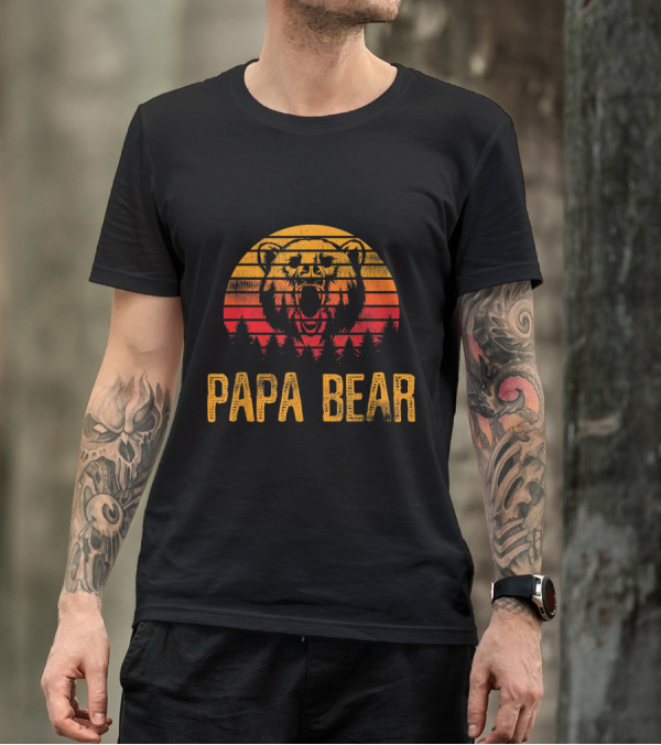 Papa Bear Vintage Sunset Forest Roaring Bear T-Shirt