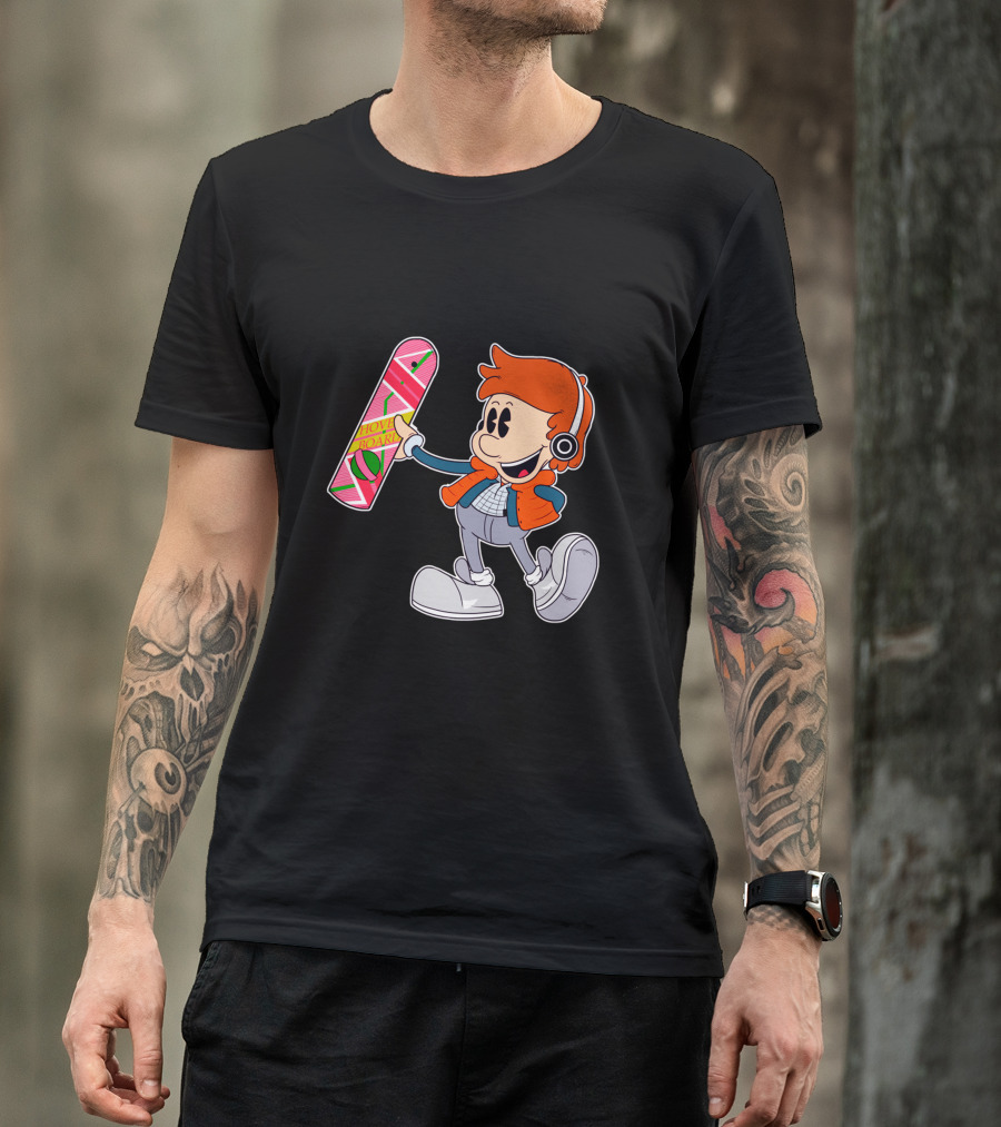 Pop Macfly Hoverboard Cartoon Style With Headphones And Red Jacket T-Shirt