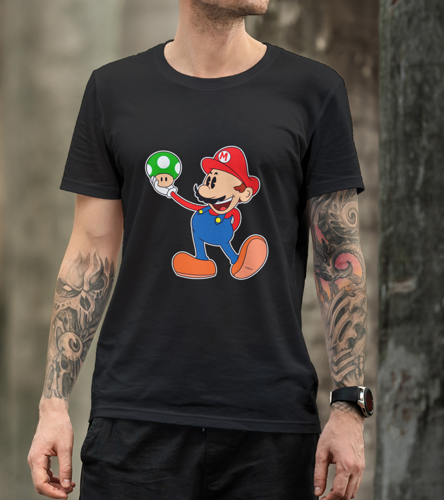 Retro Pop Art Style Mario Holding Green Mushroom T-Shirt