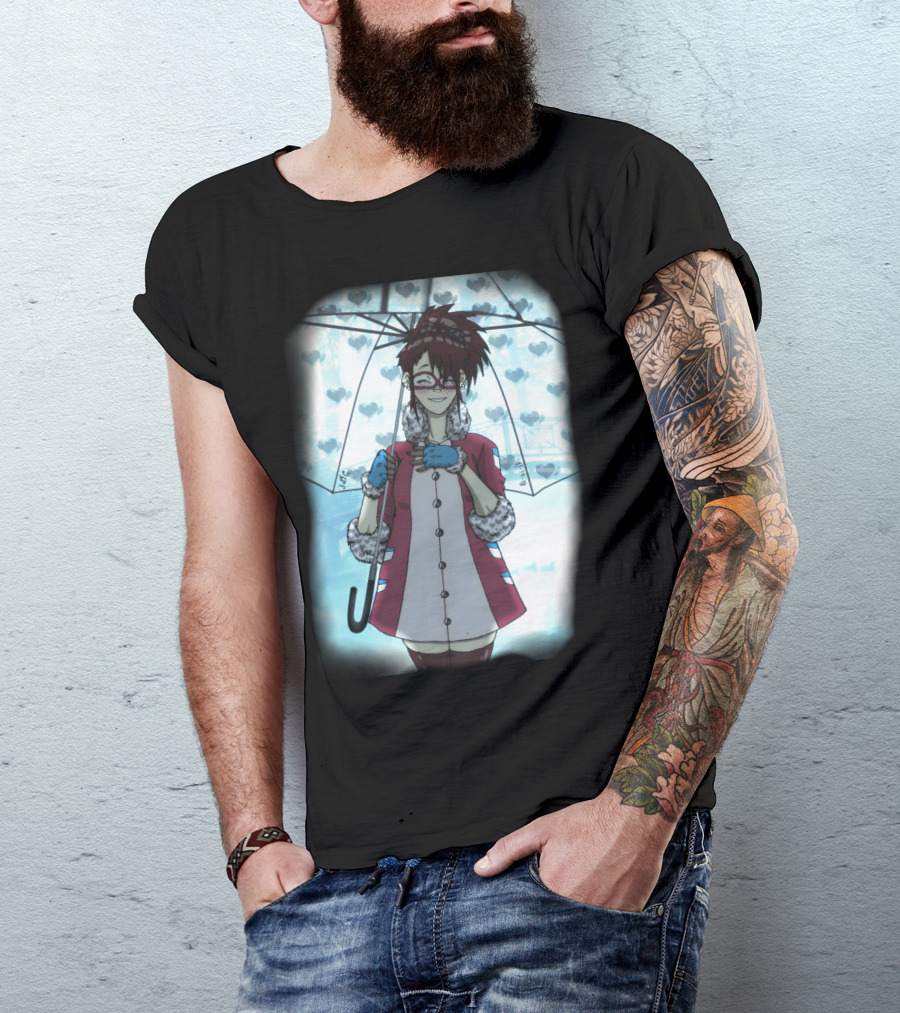 Misty Blue Hearts Raincoat Girl With Umbrella T-Shirt