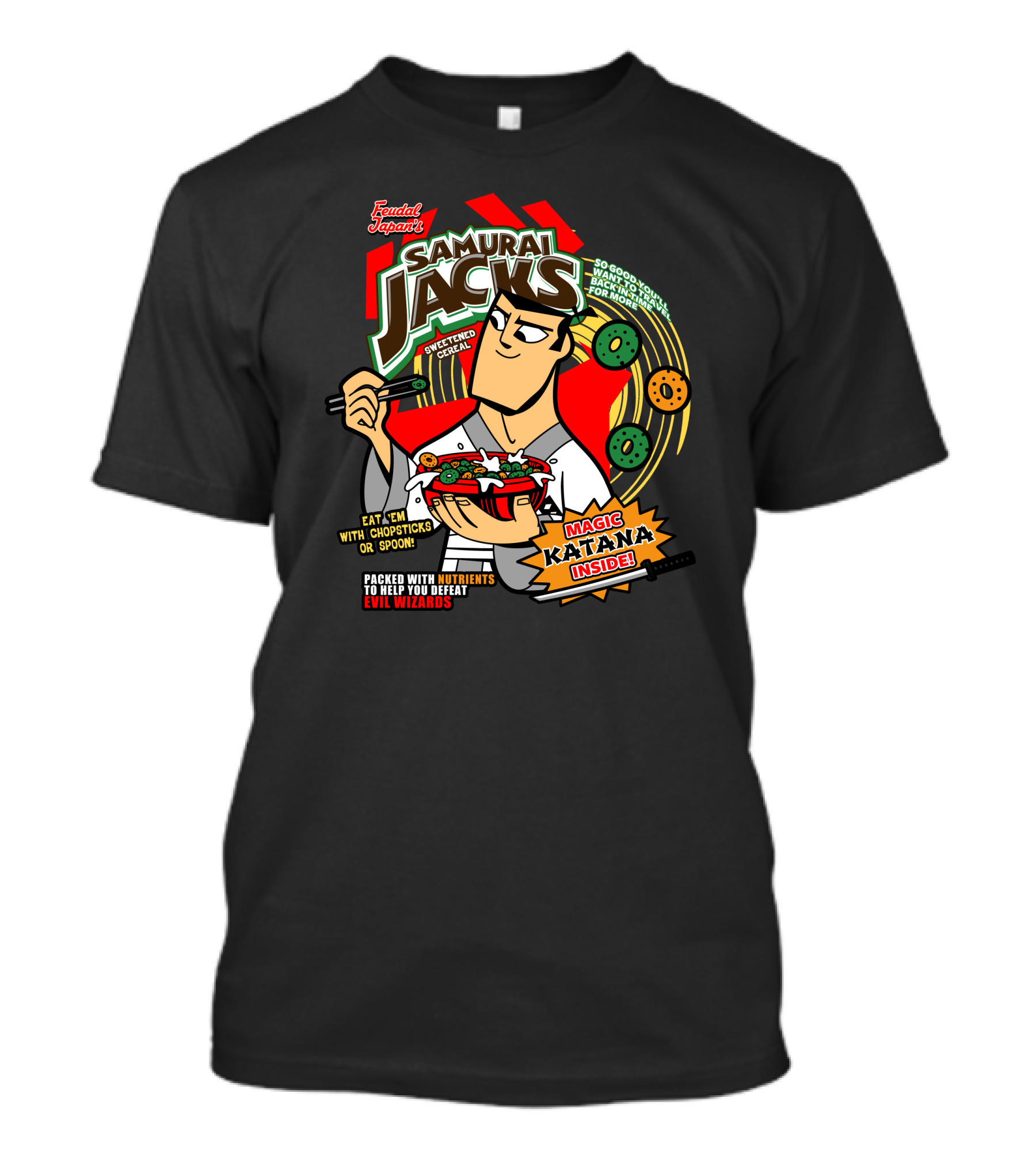 Feudal Japan Samurai Jacks Sweetened Cereal Magic Katana Inside Defeat Evil Wizards T-Shirt