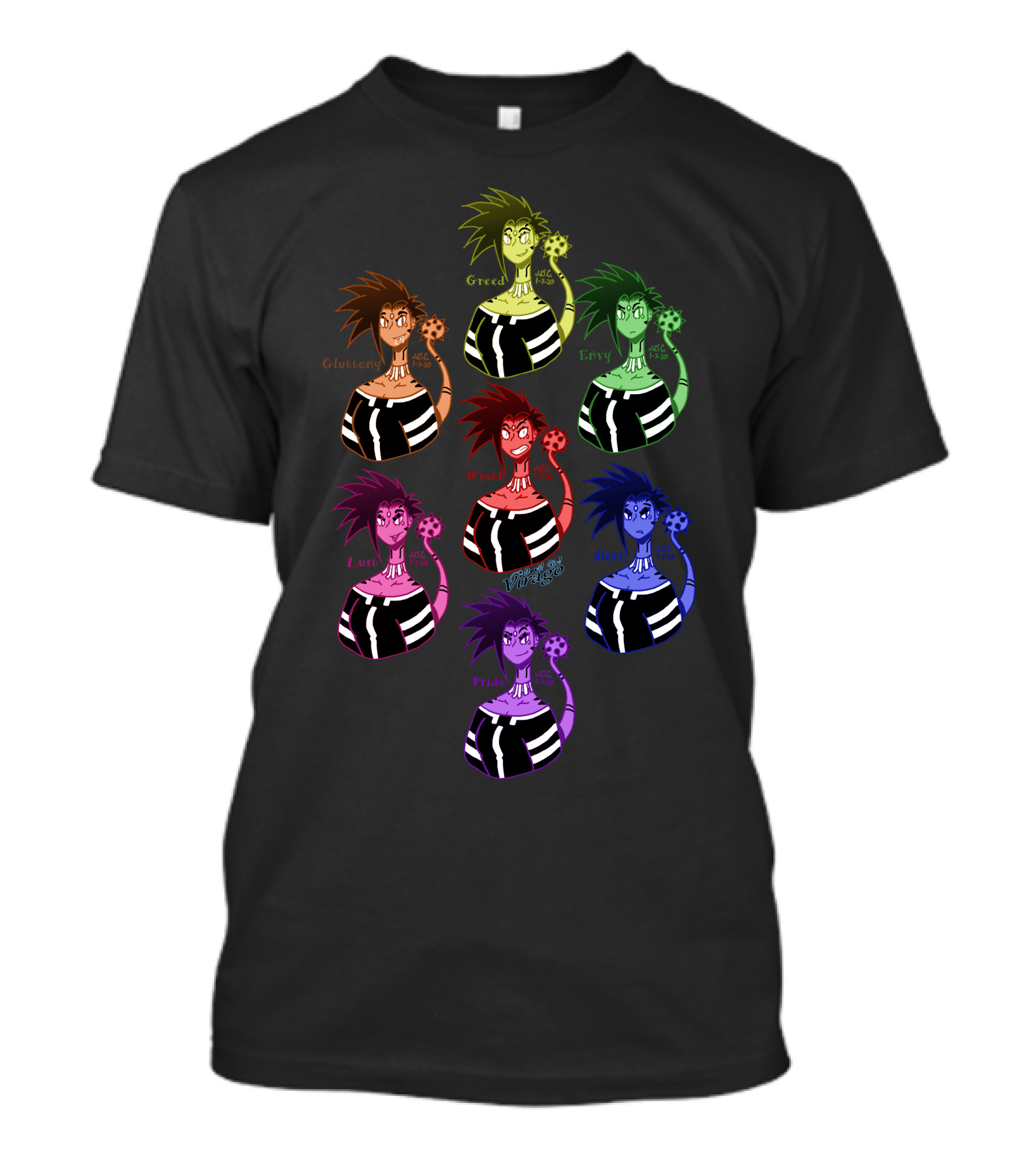 Seven Sins Gluttony Greed Envy Wrath Lust Sloth Pride Colorful Cartoon Characters T-Shirt