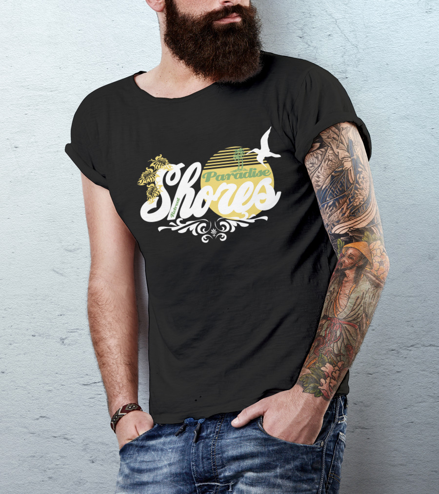 Tropical Shores Paradise Retro Sunset Seagull Palm Floral Motif T-Shirt