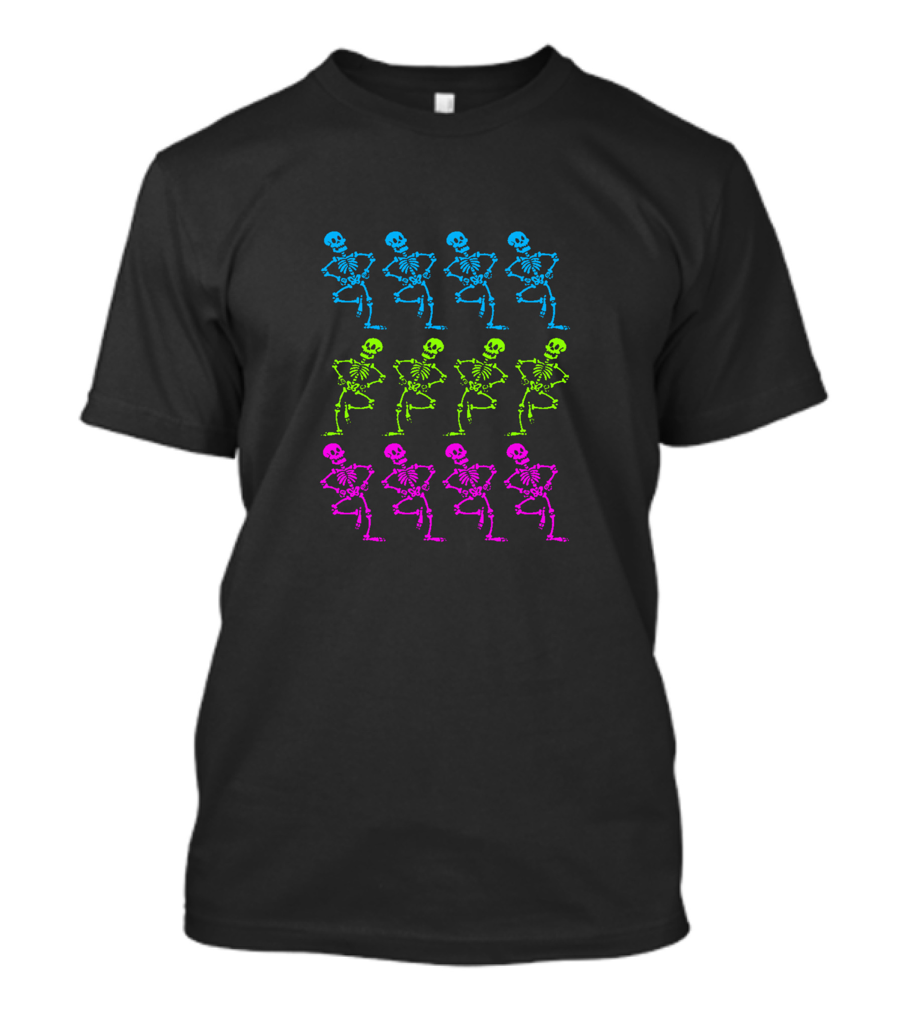 Skeletal Dance Vibrant Neon Skeletons In Blue Green And Pink T-Shirt