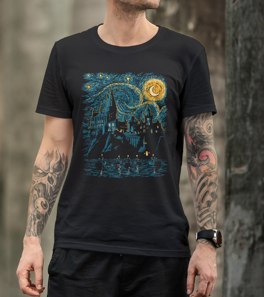 Starry Night Wizard School Scene T-Shirt