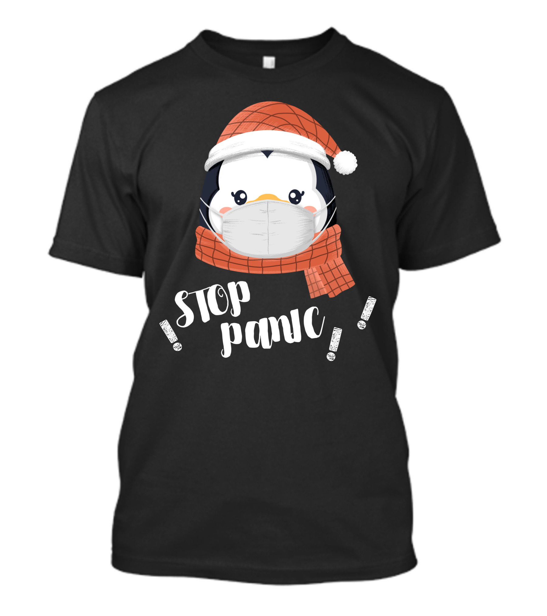 Stop Panic Penguins With Mask And Santa Hat T-Shirt