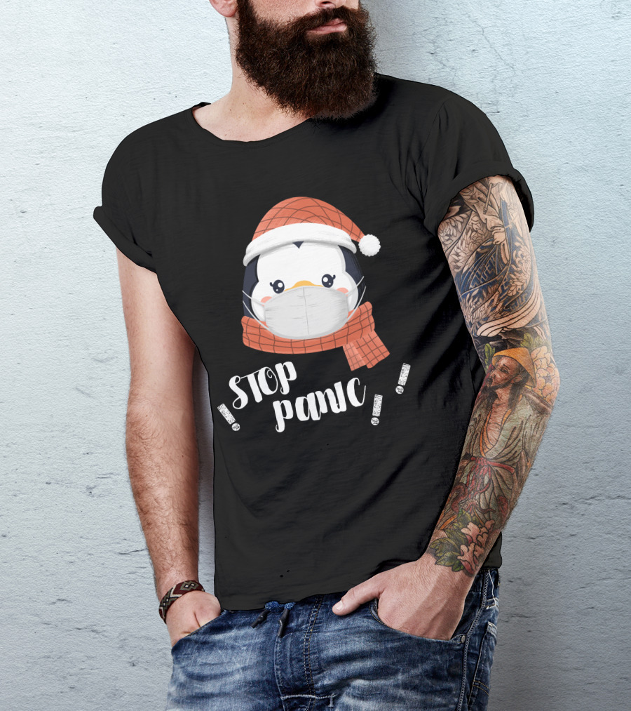 Stop Panic Penguins With Mask And Santa Hat T-Shirt