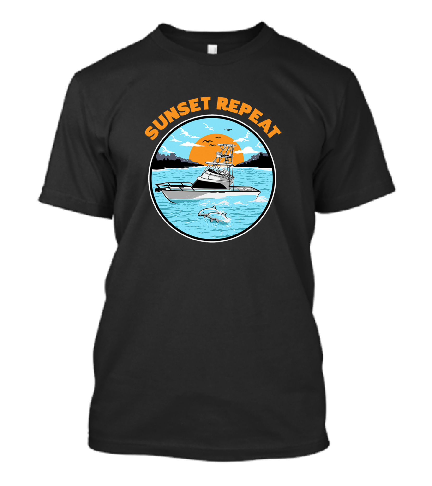 Sunset Repeat Boat And Dolphins At Sea T-Shirt