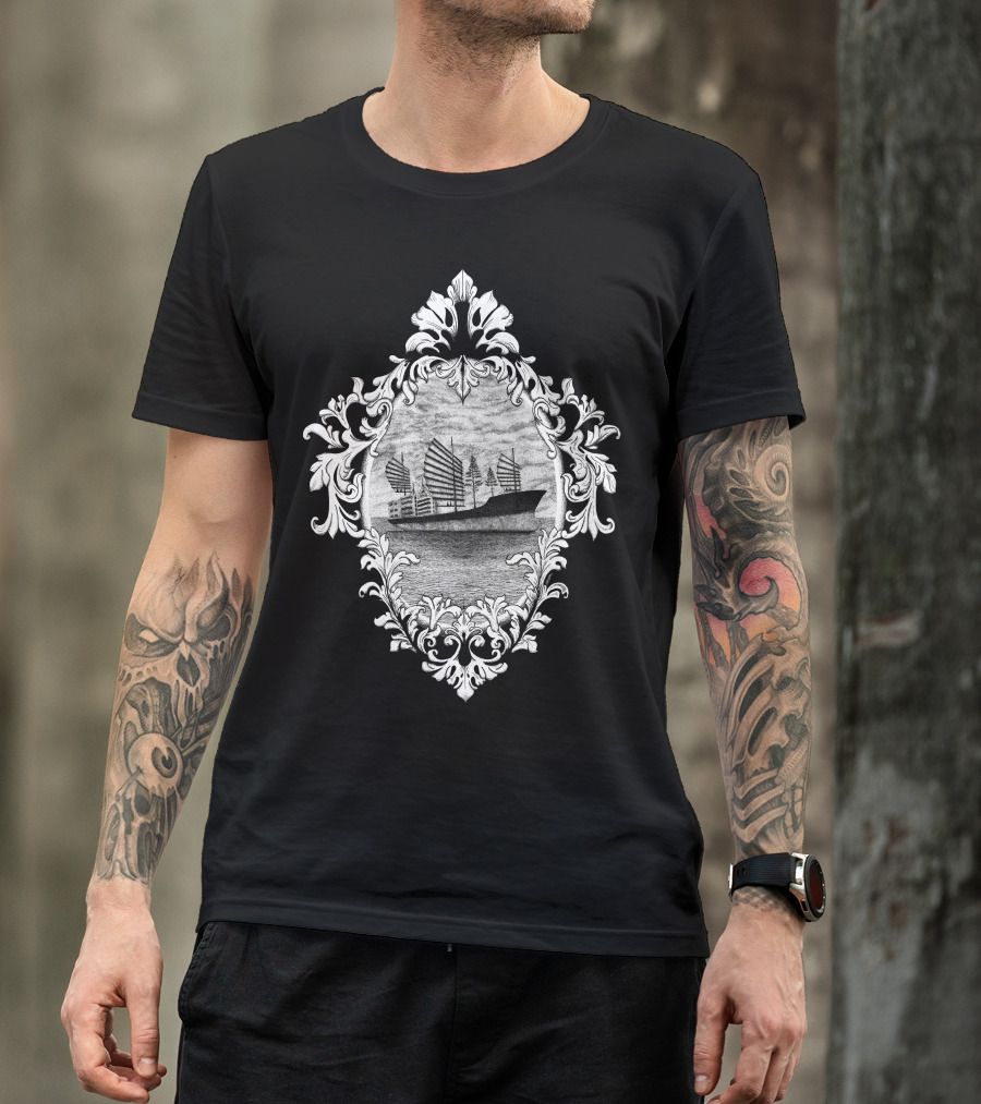 Surrealist Boat Sailing With Ornate Frame T-Shirt