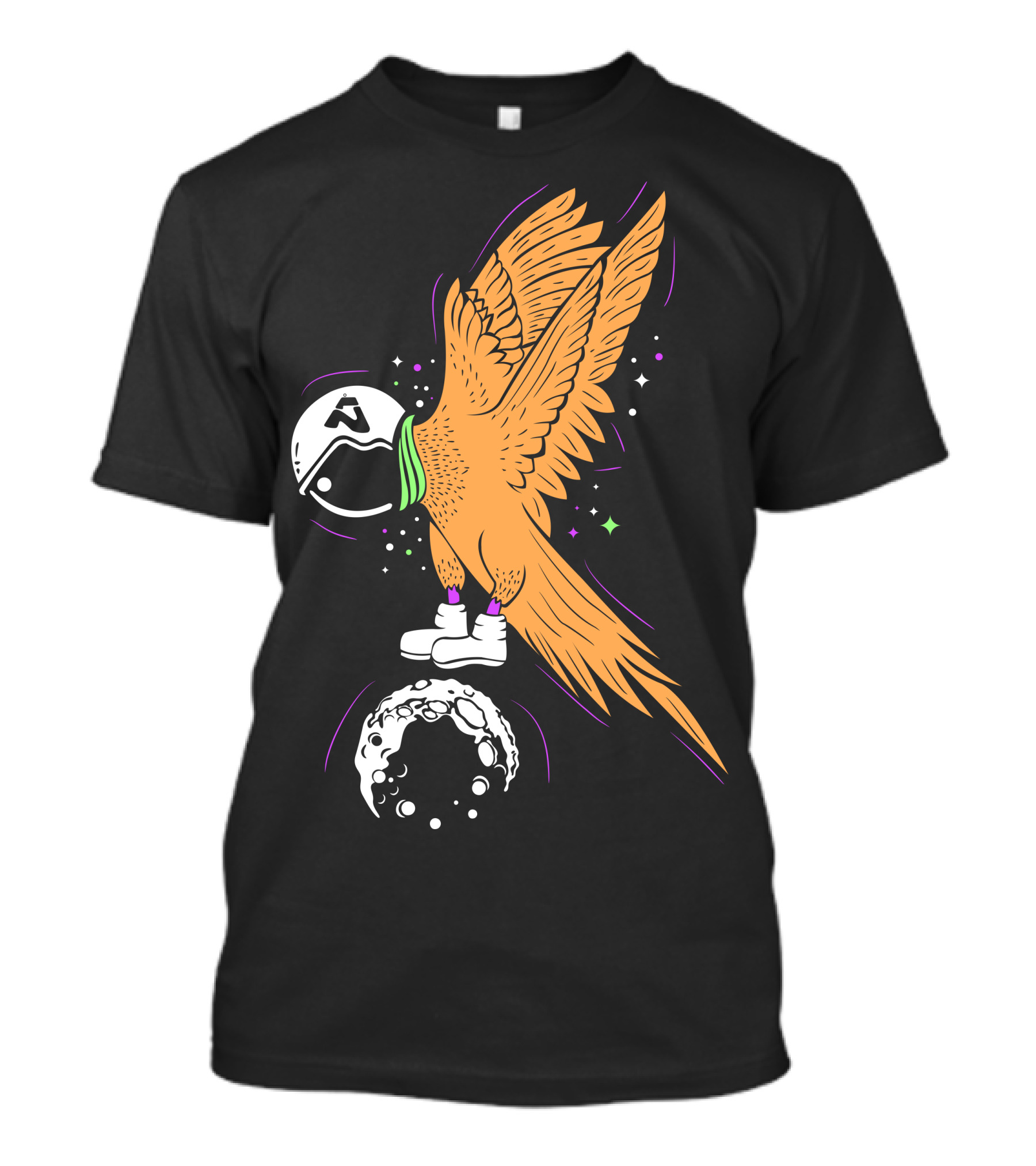 Astronaut Bird With Helmet And Boots Standing On A Moon With Stars And Galaxy Elements T-Shirt