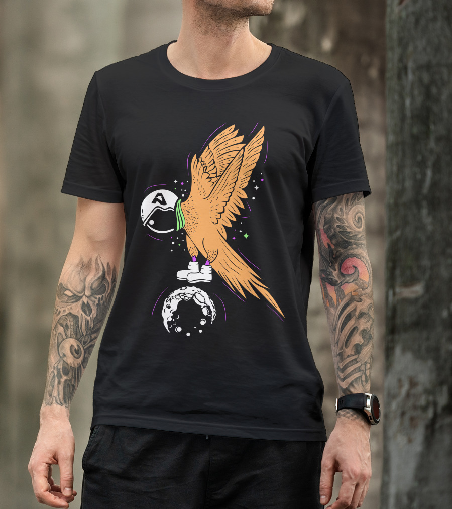 Astronaut Bird With Helmet And Boots Standing On A Moon With Stars And Galaxy Elements T-Shirt