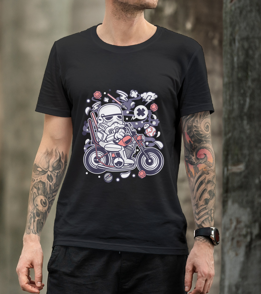Stormtrooper On Motorcycle With Galactic Symbols And Lightning Bolts T-Shirt