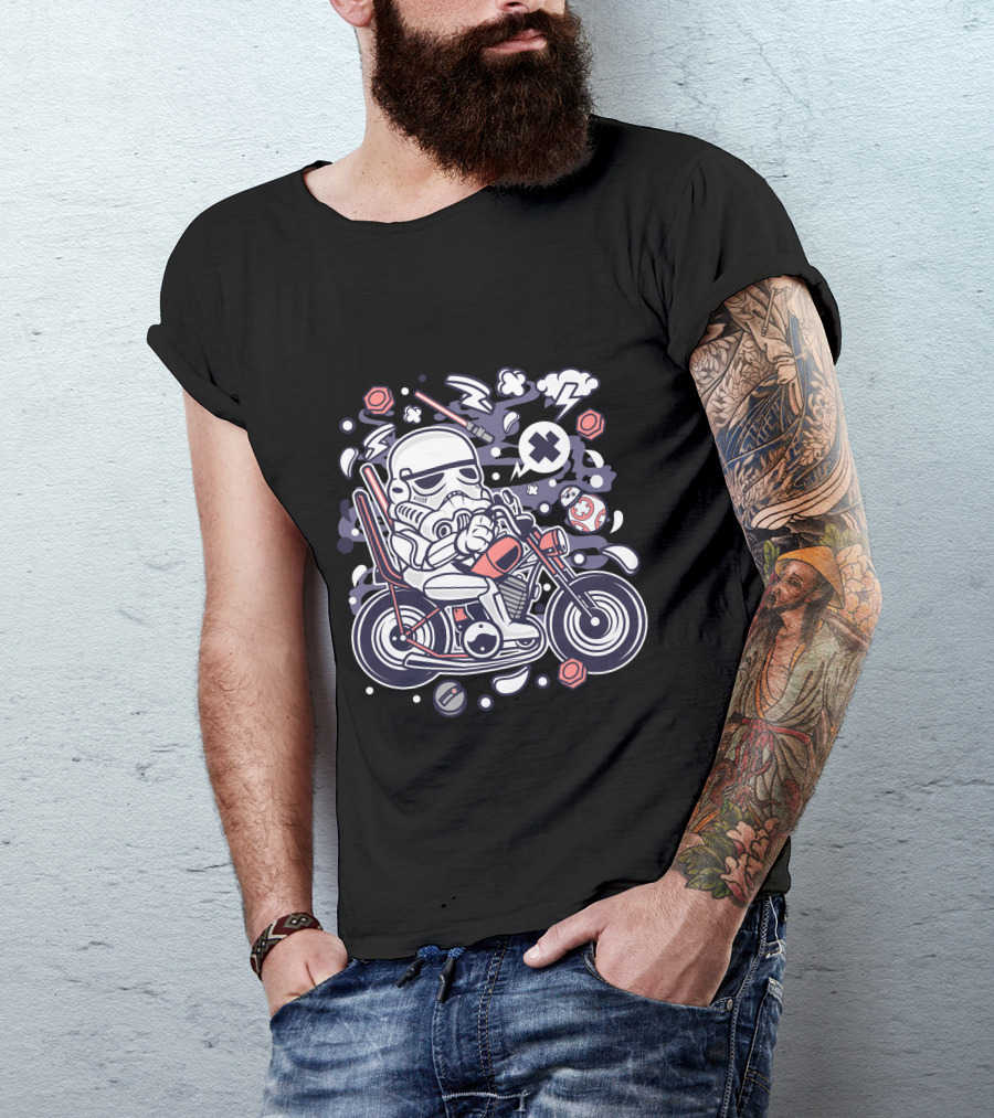 Stormtrooper On Motorcycle With Galactic Symbols And Lightning Bolts T-Shirt