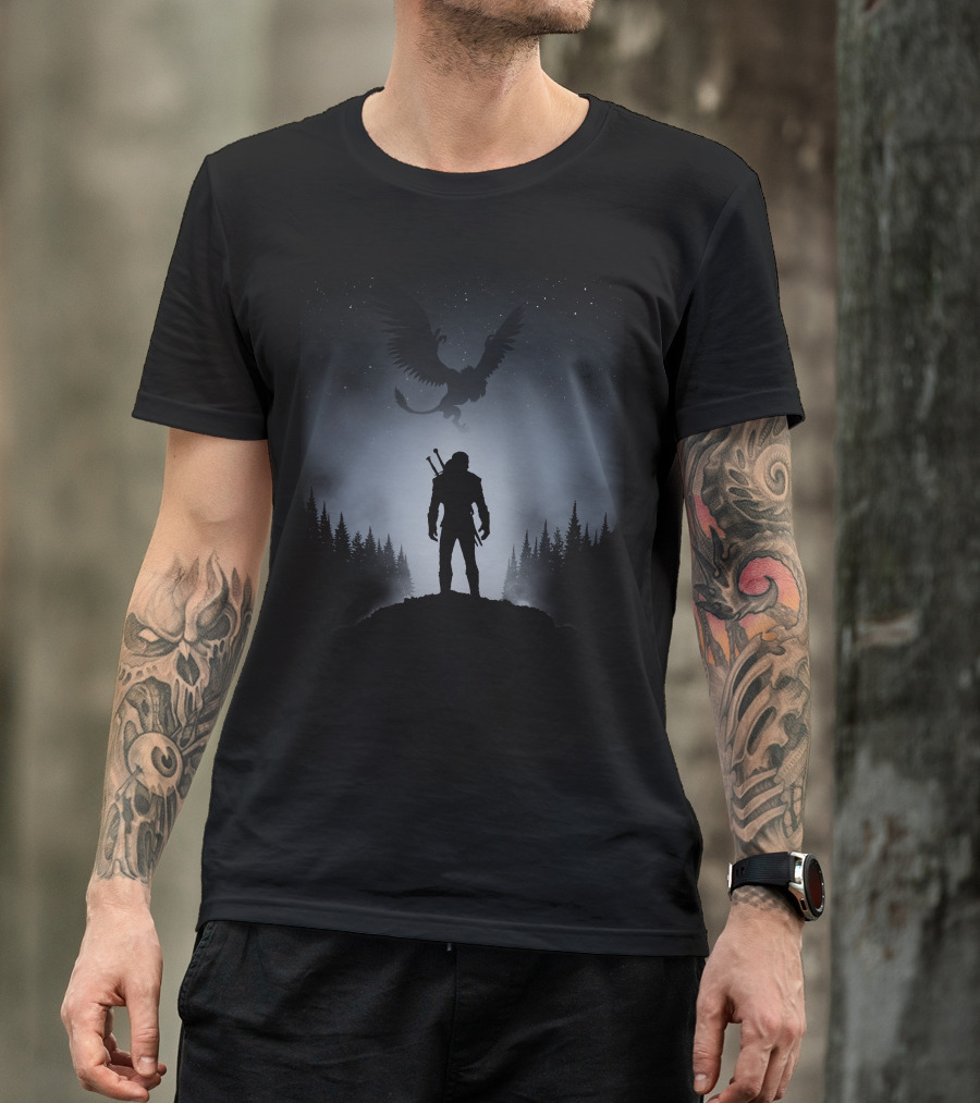 White Wolf Under Starry Sky With Griffin Fantasy Scene T-Shirt