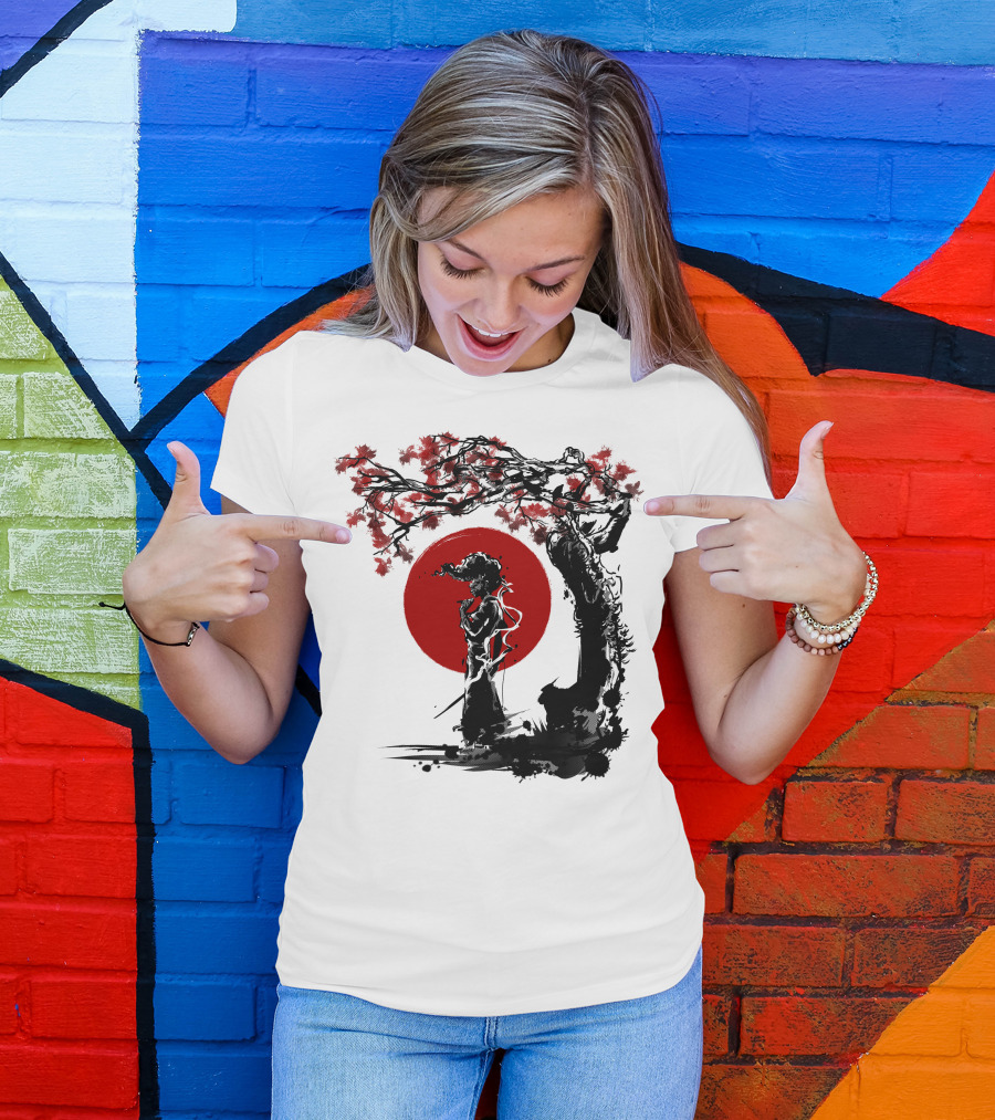 Afro Samurai Under Red Sun And Sakura Tree Shadows T-Shirt